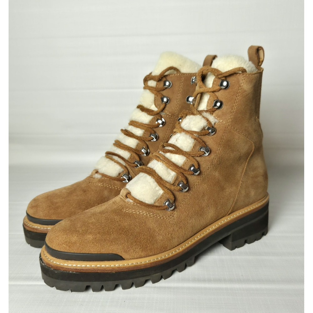 Marc Fisher MLizzie Suede Leather Ankle Boots 8M Sherpa-Lined Tongue Tan